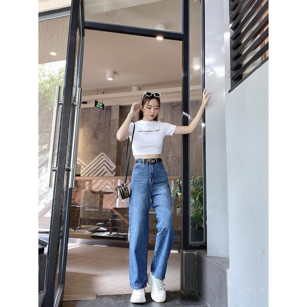 Quần jean nữ ống rộng TRƠN suôn xanh vừa VÂN olv7