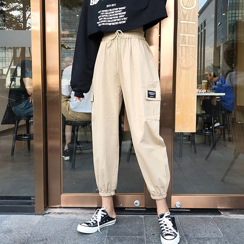 Quần dài lưng cao màu trơn phong cách Harajuku cho nam và nữ