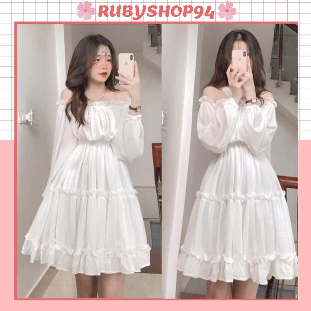 Váy trắng nữ trễ vai tiểu thư đẹp, Đầm nữ dài tay 3 tầng siêu xinh