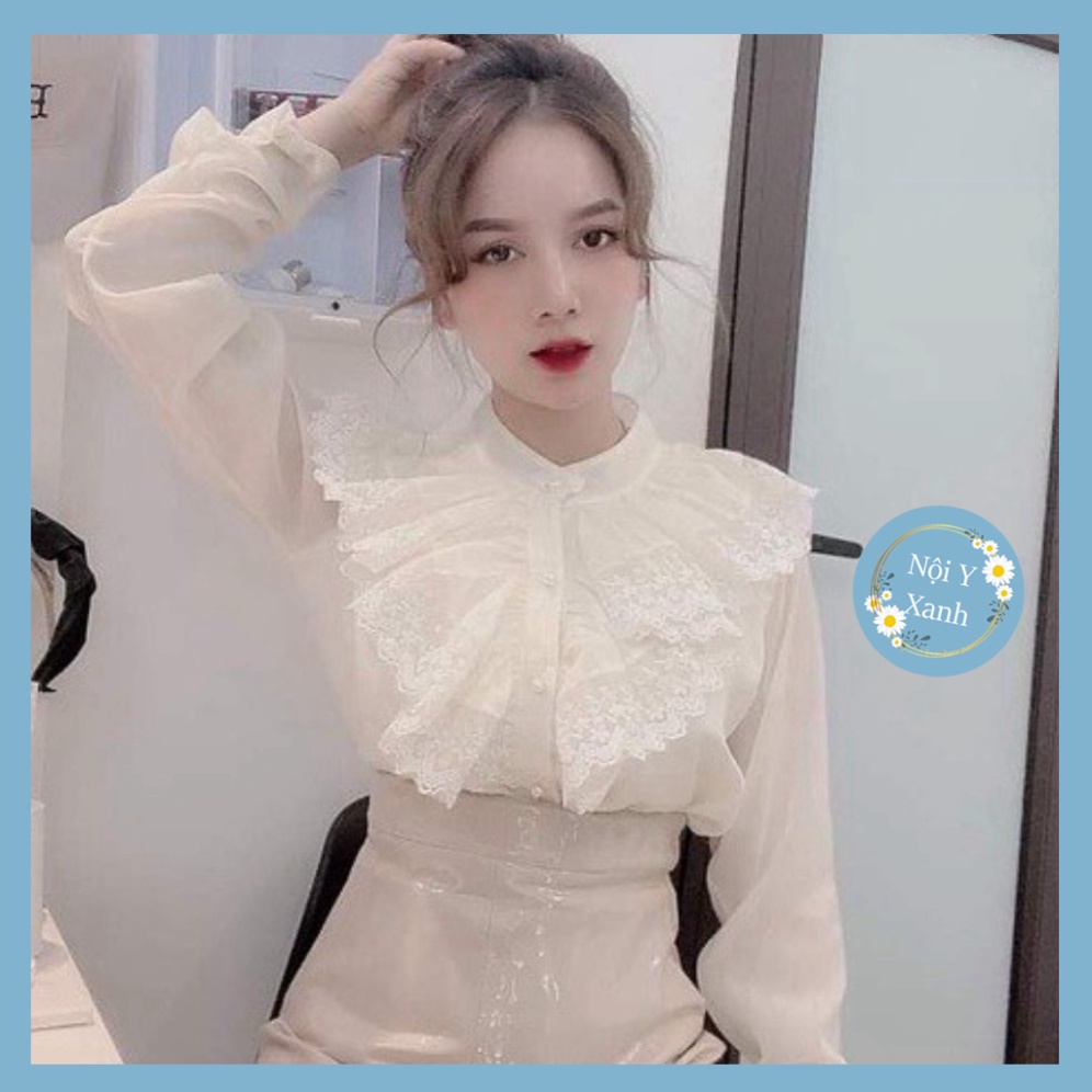 Áo sơ mi voan tiểu thư, Áo tơ óng 2 lớp cổ bèo cự xinh mặc đi làm, đi chơi_009 chất mát, phom đẹp, nội y xanh