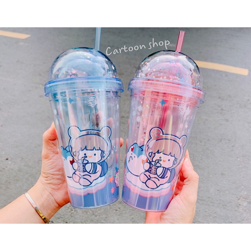 Ly nhựa 2 lớp cách nhiệt mẫu bé gái siêu xinh 600ml