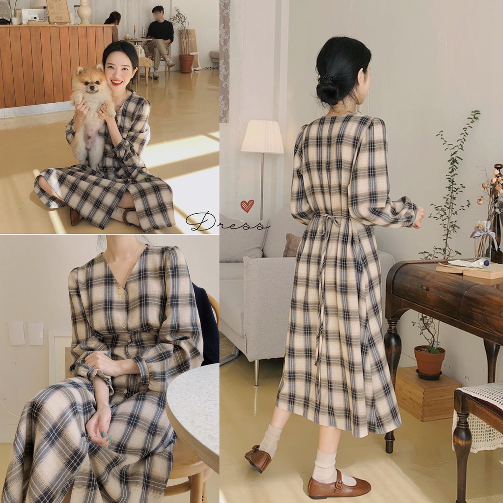 Váy Đầm Nữ Đi Tiệc Kẻ Caro Dài Tay ,Đầm Thiết Kế Bo Cổ Tay Sang Chảnh Cho Mùa Thu Đông