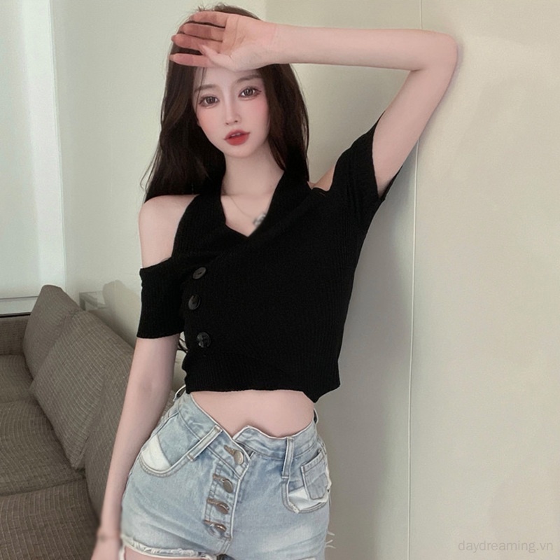 Áo Croptop Dệt Kim Tay Ngắn Dáng Ôm Thời Trang Quyến Rũ Cho Nữ