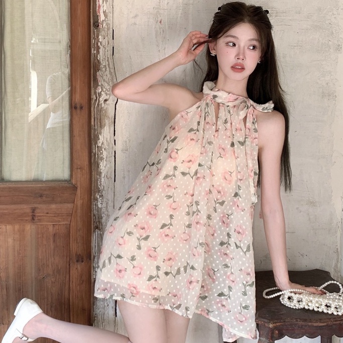 Đầm Chiffon Không Tay Cổ Yếm Dáng Rộng In Họa Tiết Hoa Thời Trang Mùa Hè Hàn Quốc Hàng Mới Quyến Rũ Cho Nữ