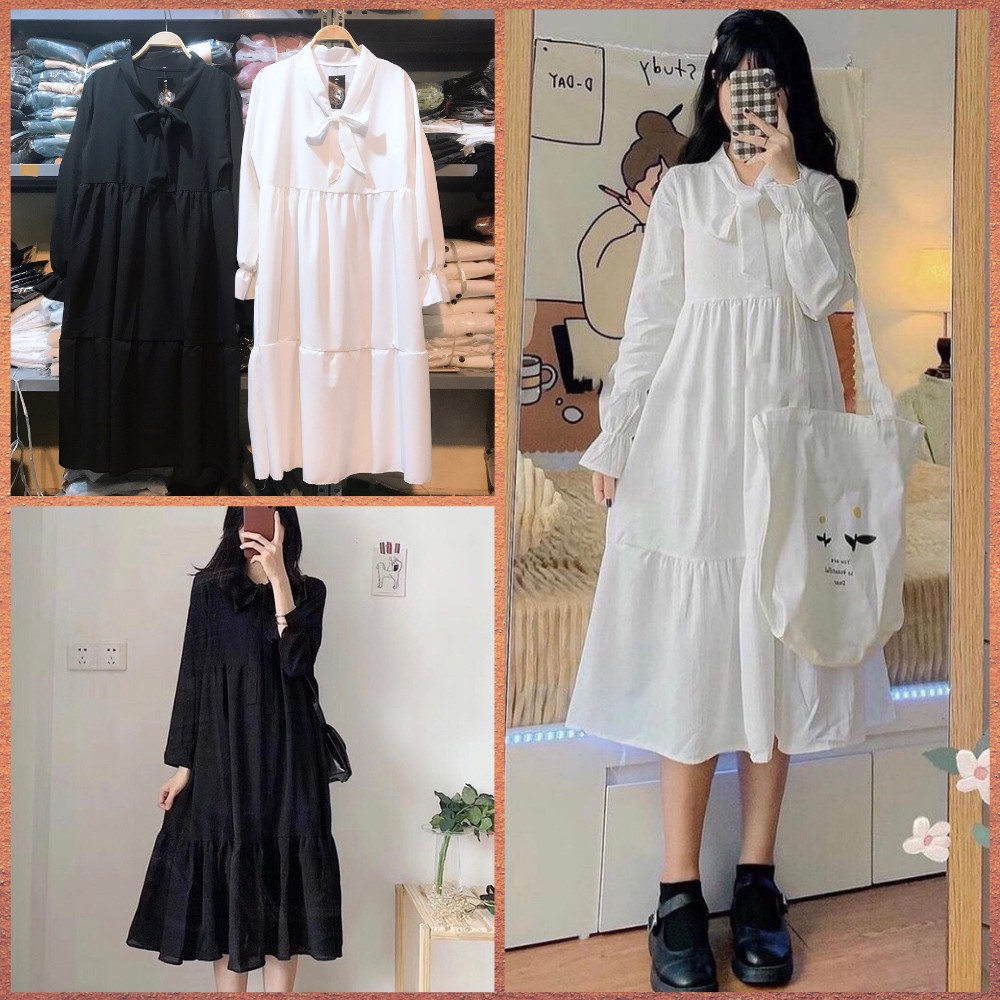 Váy Ulzzang babydoll 3 tầng dáng dài buộc nơ cổ form suông rộng, đầm dài chữ A