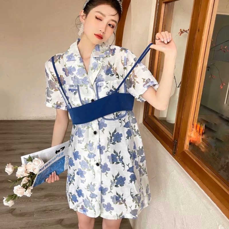set áo đầm cổ vest tay ngắn phối áo dây cá tính
