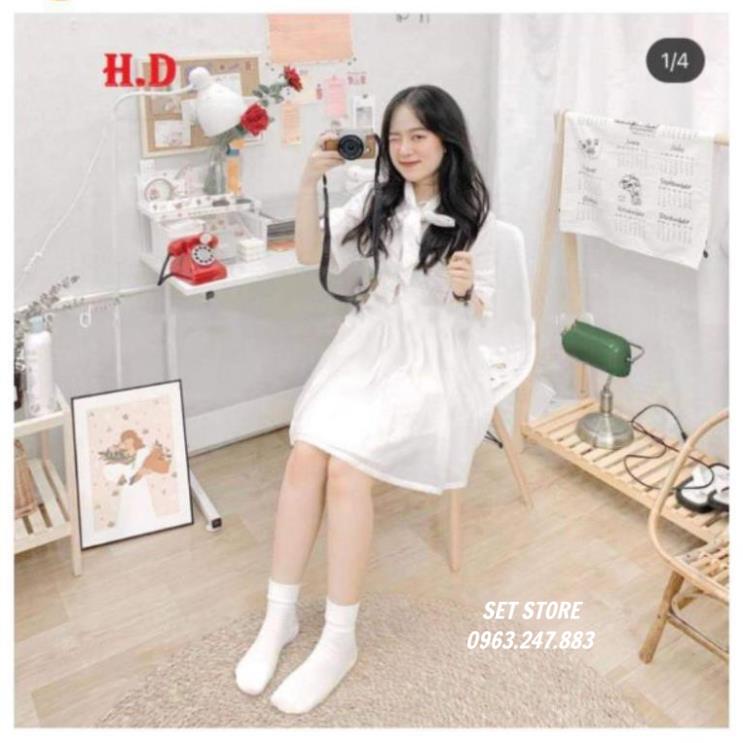 Đầm Trắng nữ,Set váy nơ cổ dáng xòe tiểu thư tôn dáng xinh xịn mịn - l | BigBuy360 - bigbuy360.vn