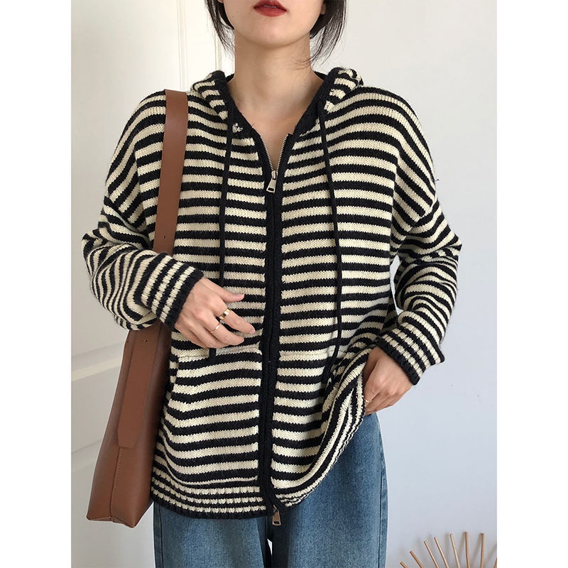 Áo Khoác Len Cardigan Có Khóa Kéo Dáng Rộng Họa Tiết Kẻ Sọc Thời Trang Cho Nữ