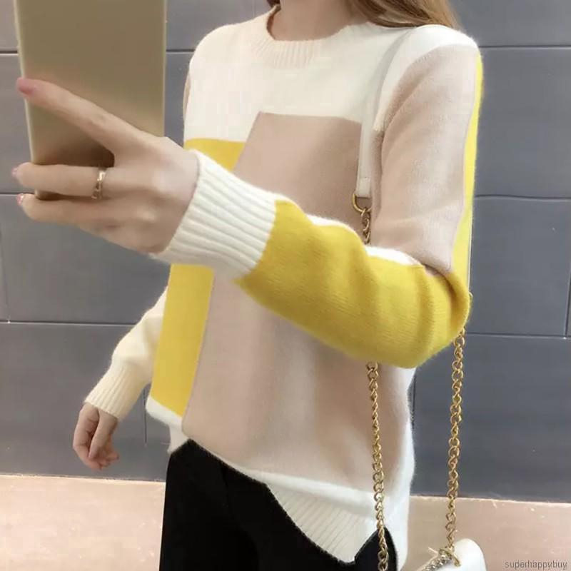 Áo Sweater dệt kim tay dài thiết kế màu tương phản cho phái nữ