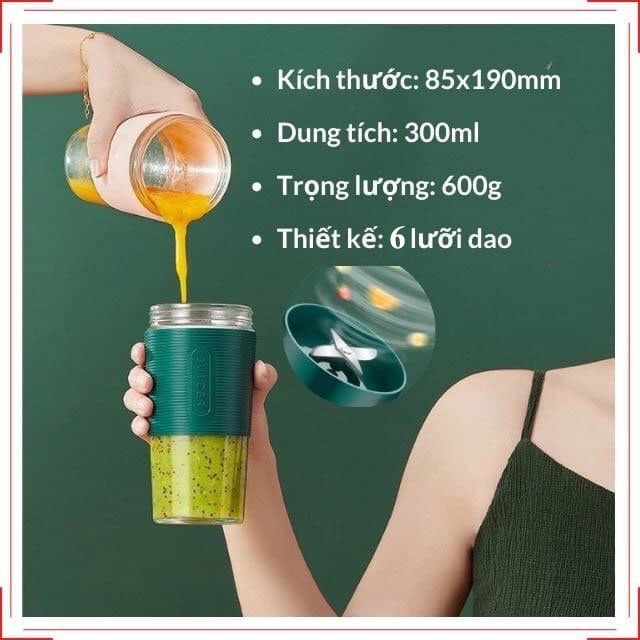 Máy xay sinh tố cầm tay loại sạc pin không dây 6 LƯỠI bằng thép không gỉ YOICE 300ml thủy tinh chịu nhiệt cao cấp