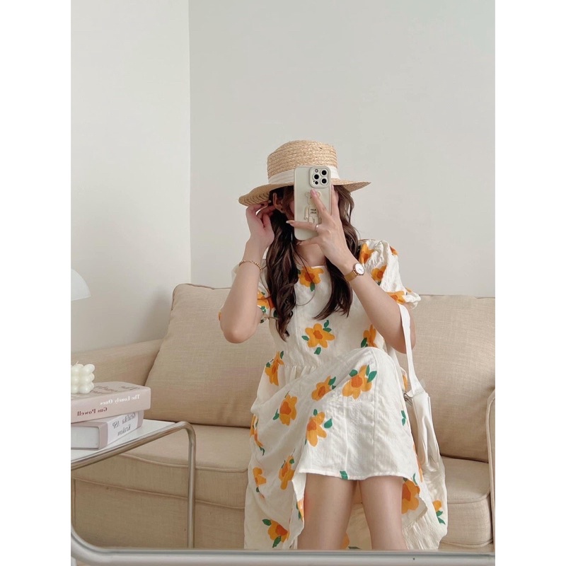 Váy babydoll dáng dài xòe tay bồng họa tiết hoa cam vải xốp tiểu thư siêu đẹp (TTA126)