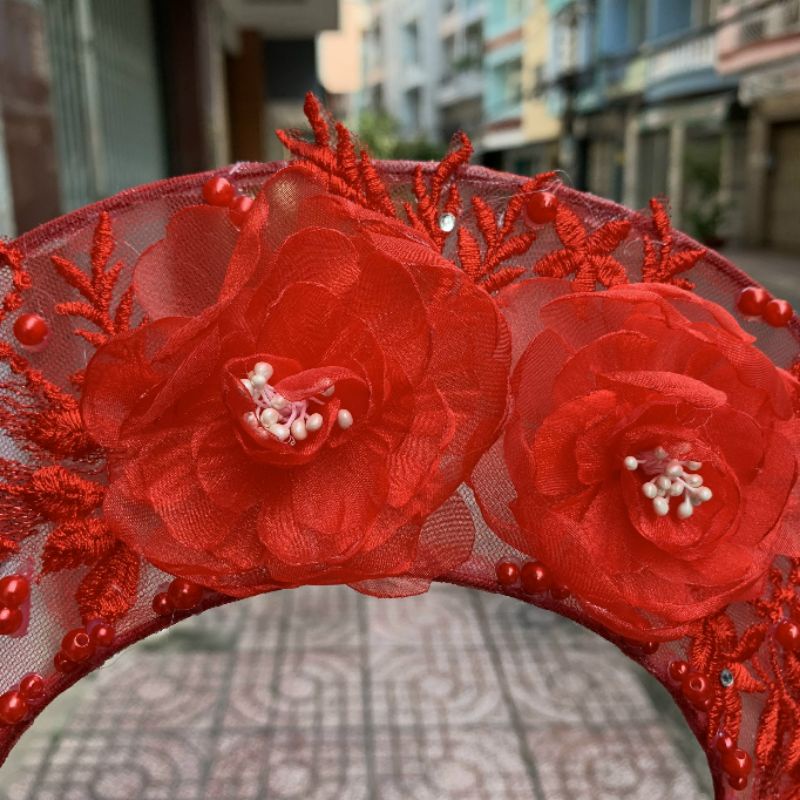 Mấn lưới cô dâu hoa voan đính ren