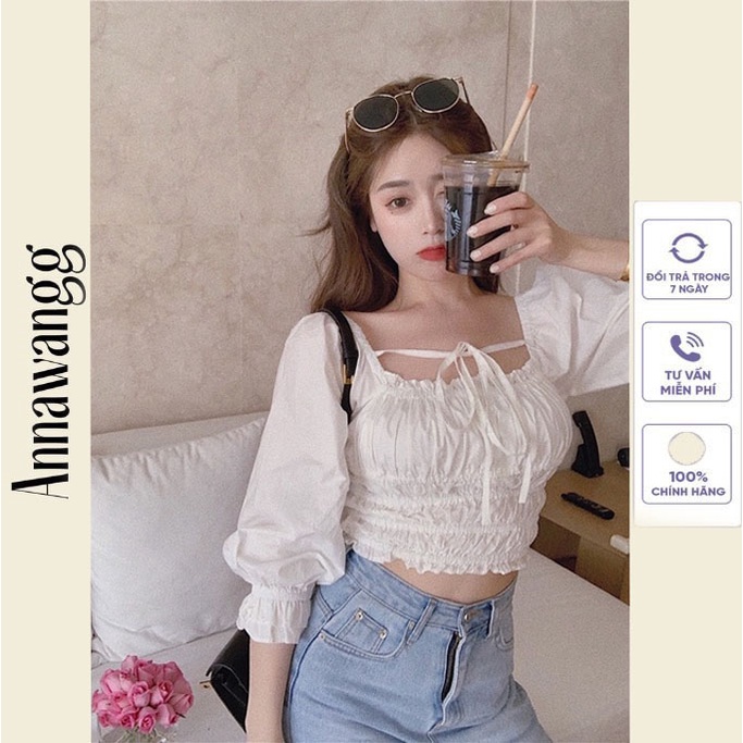 Áo chiffon tay dài dún bèo màu trắng dành cho nữ Annawangg AN37