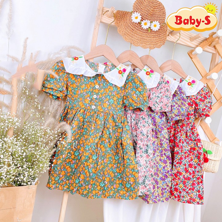 Đầm xòe cho bé gái, Váy hoa nhí cho bé 1-7 tuổi tay phồng họa tiết đủ màu sắc tươi tắn phối cổ thêu hoa Baby-S - SD064