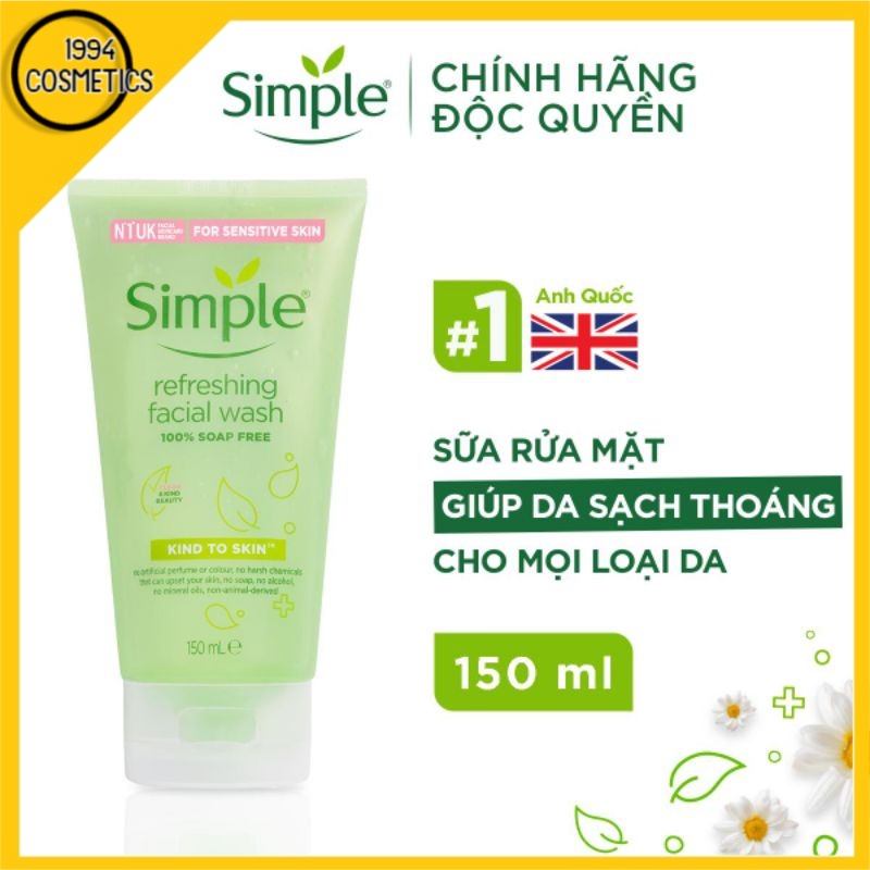 Sữa rửa mặt Simple dịu nhẹ giúp da sạch thoáng & không chứa xà phòng 150ml