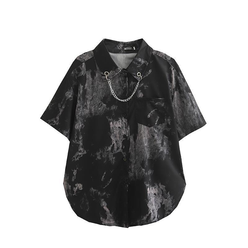 Áo Sơ Mi Đen Ngắn Tay Dáng Rộng In Màu Nhuộm Phối Dây Xích Phong Cách Retro Cho Nam Cỡ S-5Xl