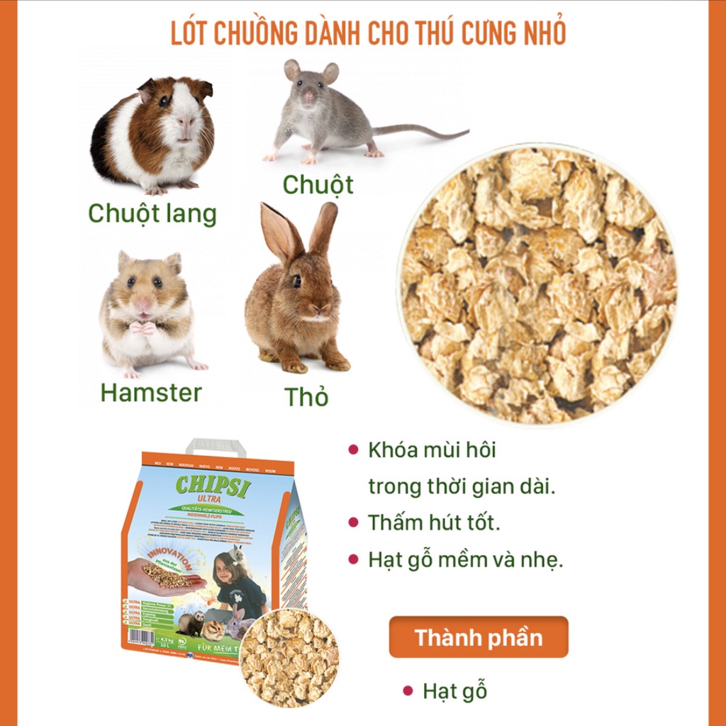 Cát gỗ vệ sinh hữu cơ cho thú nhỏ Chipsi Ultra | 9kg  | Thấm hút chất lỏng và mùi hôi | Không bụi