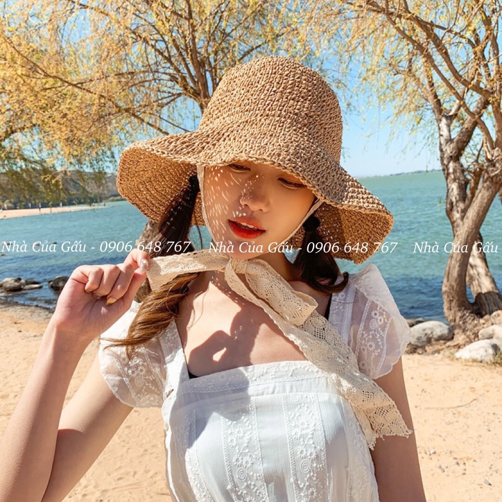 Mũ cói ren cột nơ đi chơi siêu xinh