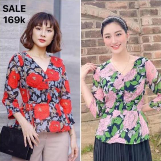 Bán Sỉ Áo sơ mi họa tiết peplum cổ V phối cúc sale💕video💕