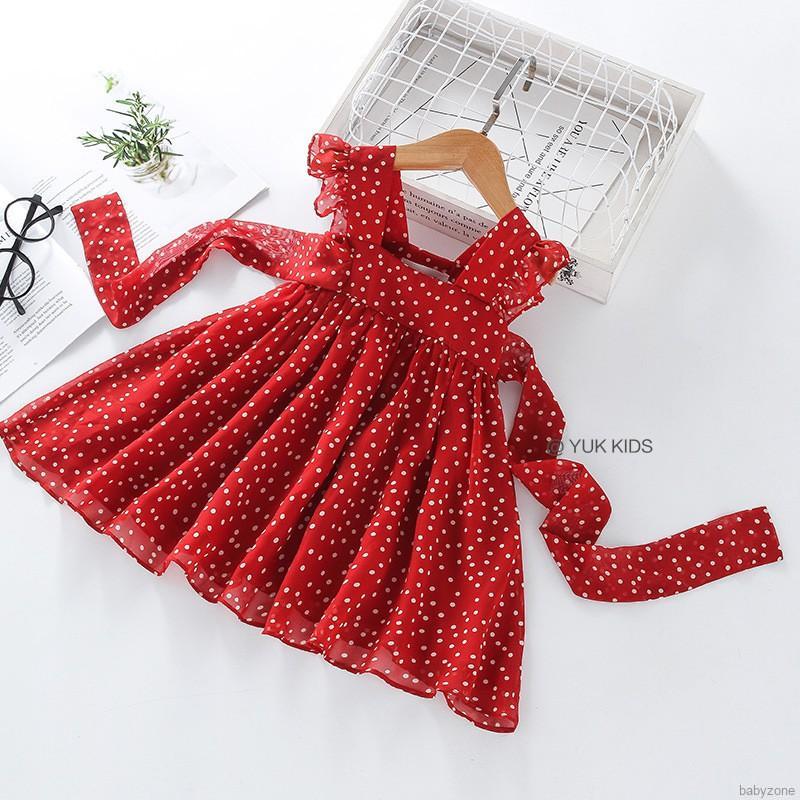 Đầm Chiffon Chấm Bi Đỏ Cho Bé Gái