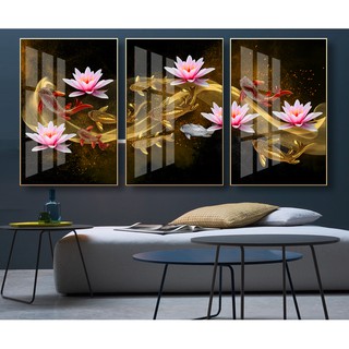 Bộ 3 tranh treo tường tài lộc hoa sen cá chép cửu ngư phong thủy chất liệu bóng kiếng hoặc vải canvas chinca070720