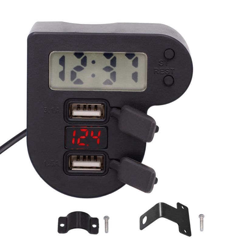 Bộ đồng hồ + màn hình hiển thị vôn kế + 2 khe cắm sạc điện thoại usb chống thấm nước 12v 24v gắn xe máy