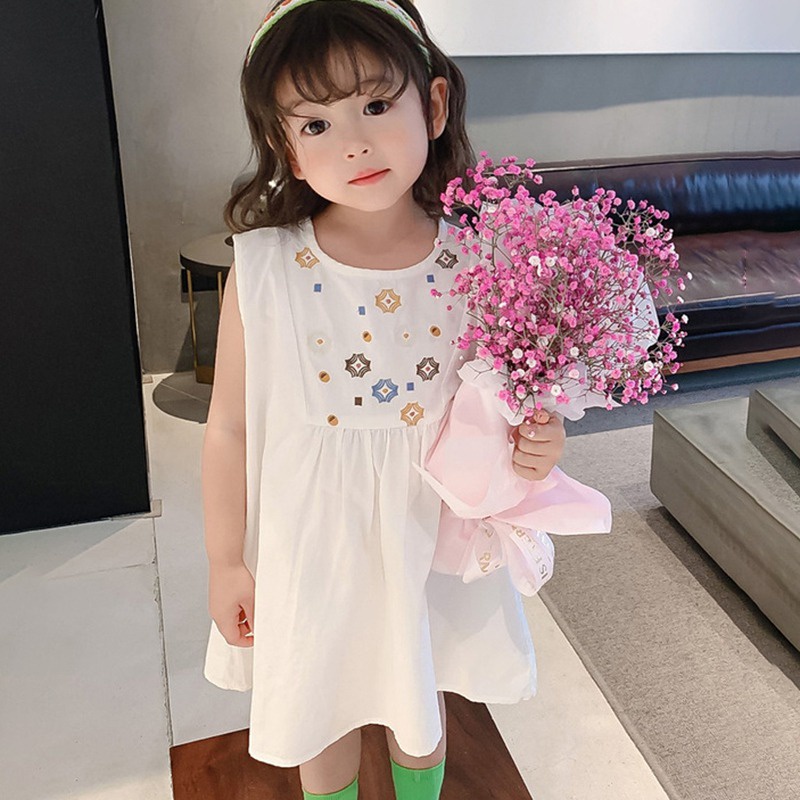 Đầm Chữ A Không Tay Thêu Họa Tiết Dễ Thương Thời Trang Đi Biển Mùa Hè Cho Bé Gái