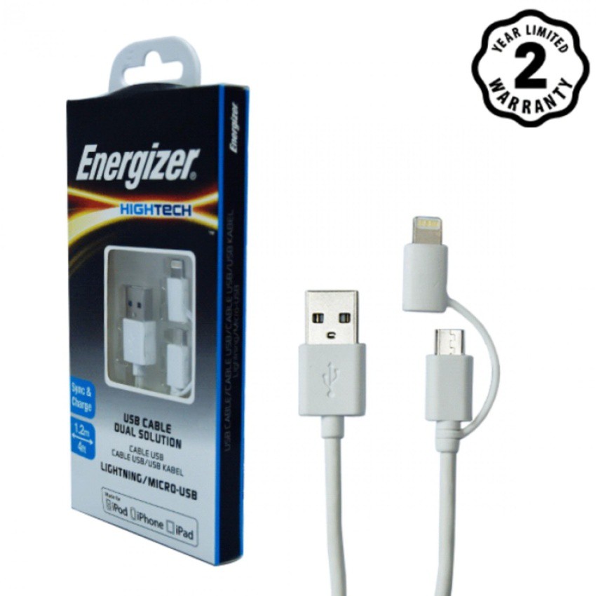 Cáp sạc 2 cổng Energizer Lightning & Micro-USB dài 1.2m - C11UBDUGWH4 (Trắng)