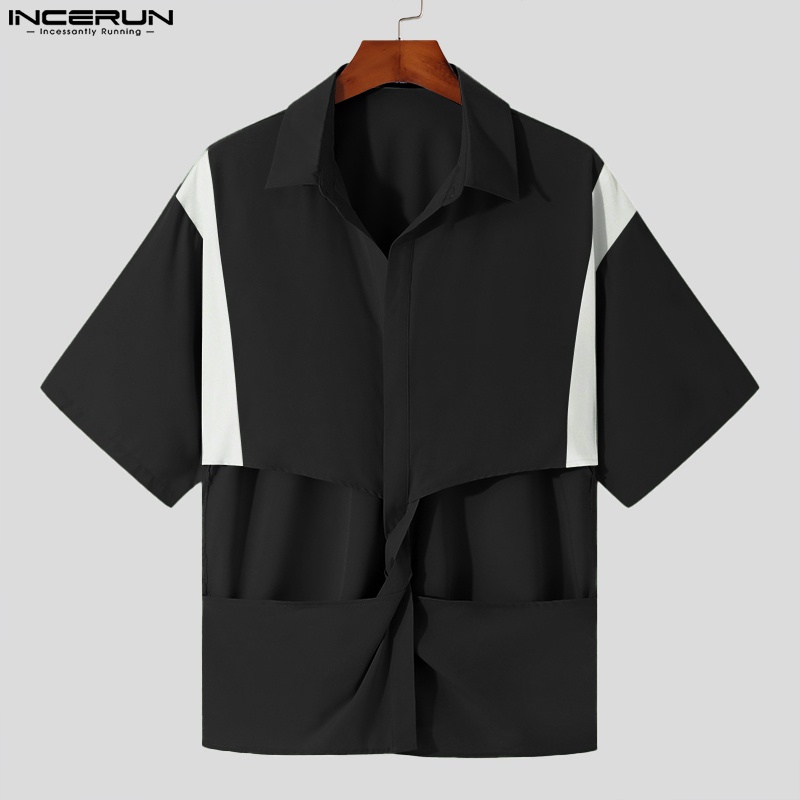 Áo sơ mi INCERUN tay ngắn dáng rộng thiết kế cắt lỗ thời trang cá tính cho nam