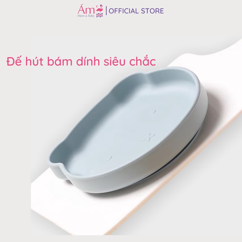 Khay Ăn Dặm Silicon Cho Bé Hình Gấu Ấm Baby Có Đế Hít Chống Trượt Đổ SIêu Bền Màu Sắc Bắt Mắt Ấm Gift Decor