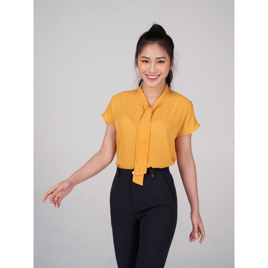 Áo sơ mi nữ YODY tay ngắn cổ nơ vai chờm phong cách mềm mịn thoải mái SCN5192