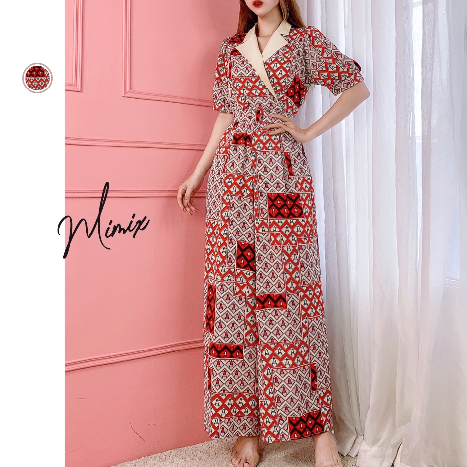 Jumpsuit cổ vest áo liền quần họa tiết khối a MIMIX BL3225