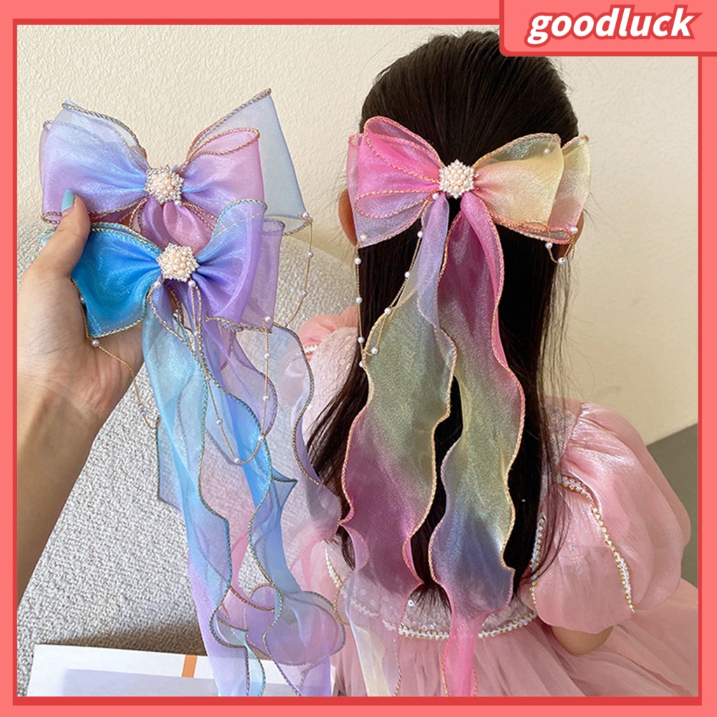 Kẹp Tóc Hình Nơ Đính Ngọc Trai Giả Màu Gradient Thời Trang Halloween