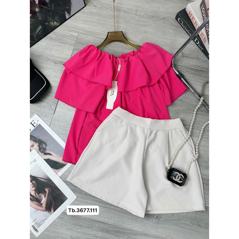 Set bánh bèo hồng trễ vai mix quần short cá tính, áo 2 tầng kèm quần short trắng, mua 1 được 2