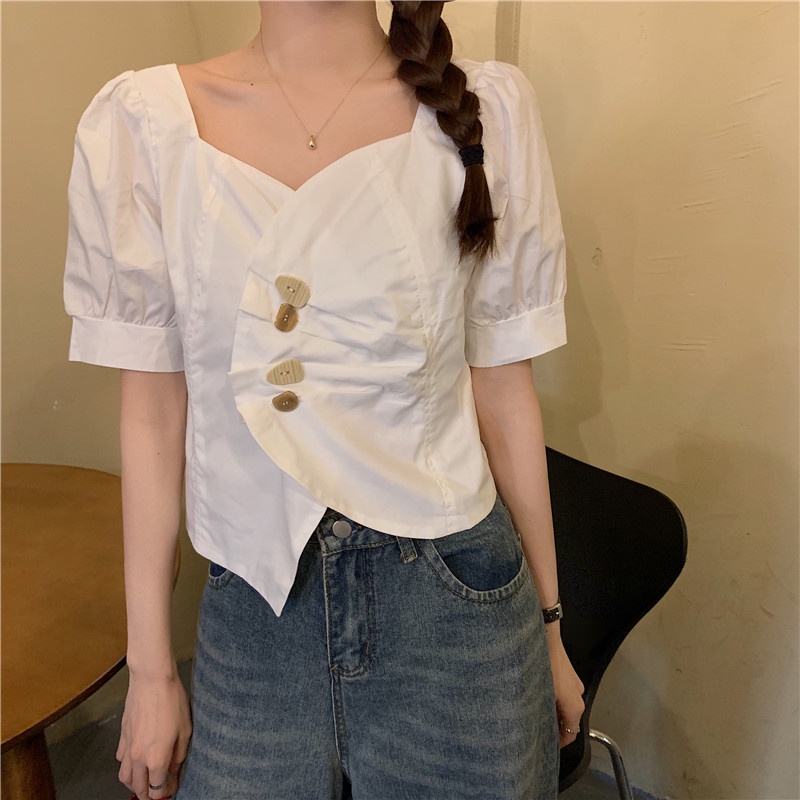 Áo Sơ Mi Nữ Cổ Chữ V Tay Phồng Ngắn Dáng Rộng Phong Cách Hàn Quốc