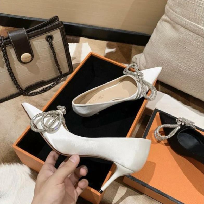 H(ẢNH THẬT) Giày Cưới Cao Gót 9p Nơ Đá Lụa Satin Mềm Êm Không Dốc Fullbox Bill Túi Cao Cấp