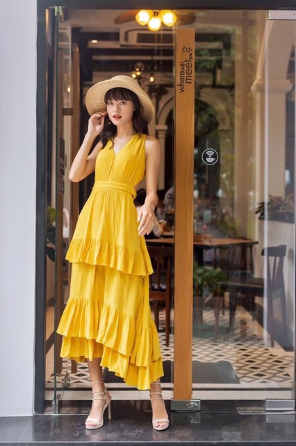 Váy maxi 3 tầng hở lưng chất đũi Thái mềm mại