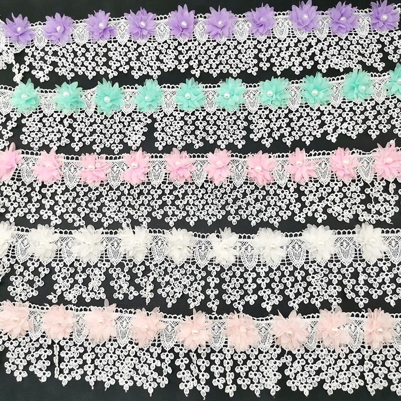 Cuộn Dây Ren Hoa Đính Ngọc Trai Giả Dài 1 Yard 8cm Dùng Để Trang Trí Quần Áo DIY