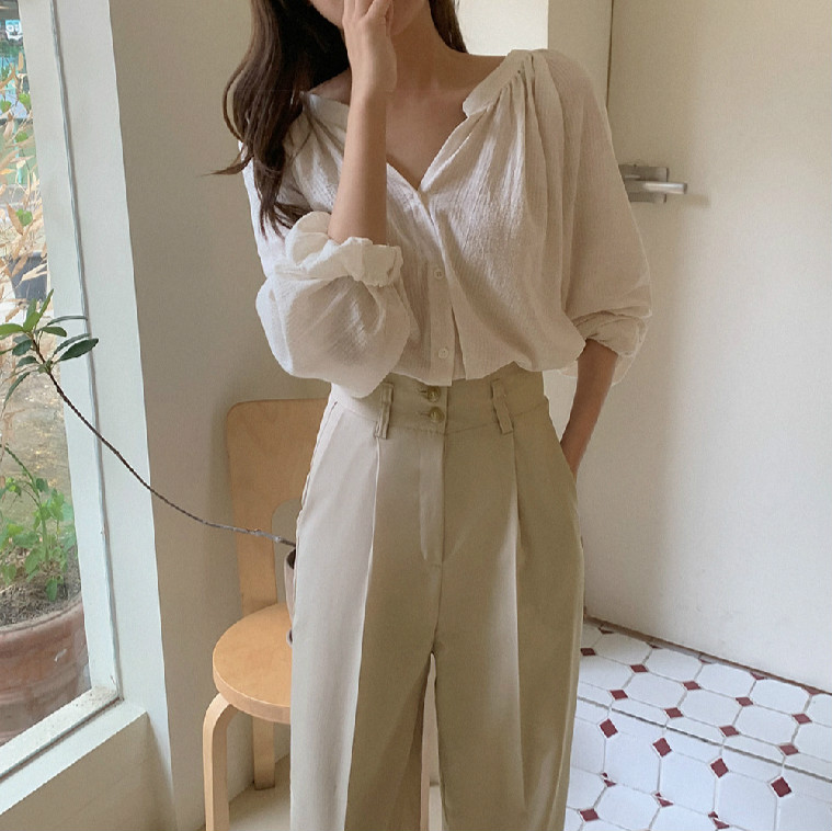 SUXI Áo Sơ Mi Tay Dài Cổ Chữ V Form Rộng Kiểu Dáng Đơn Giản Cho Nữ