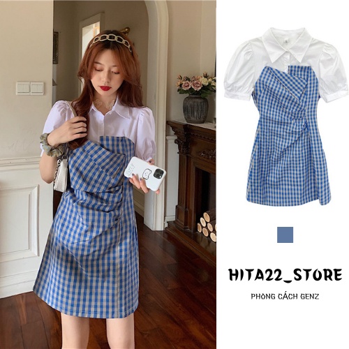 Váy kẻ caro xanh tay bồng phong cách Hàn Trung siêu xinh HITA22_STORE