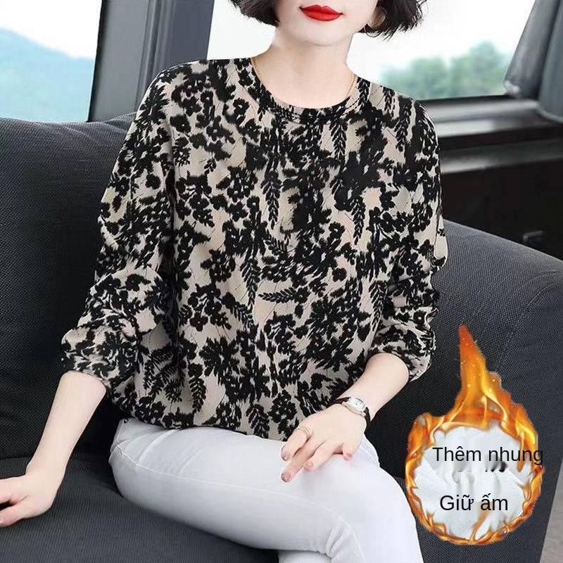 Áo thun tay dài phối lông thời trang cho phụ nữ trung niên