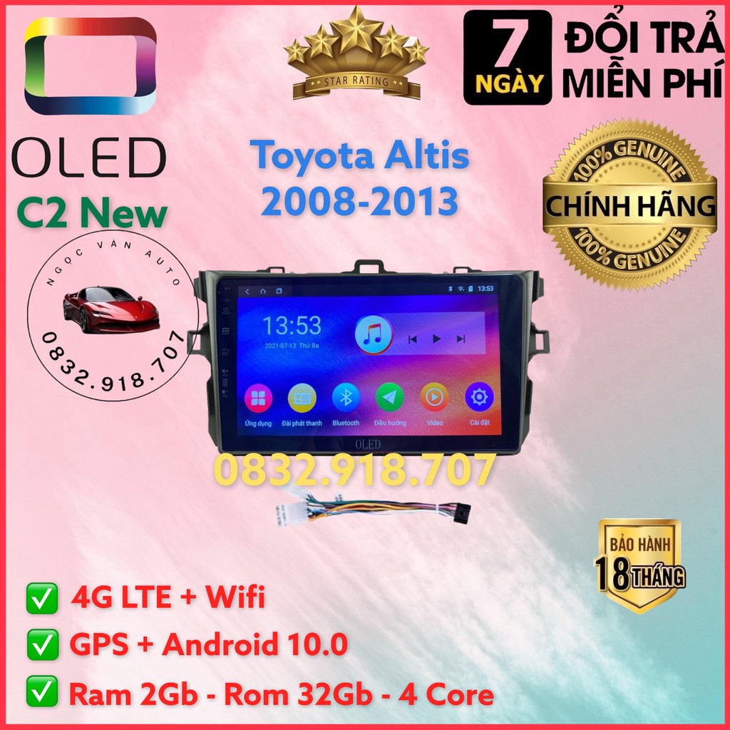 Màn hình Android OLED C2 theo xe Altis 2008 - 2013, 9 inch Kèm dưỡng và jack nguồn zin theo xe