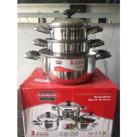 Bộ 3 nồi inox 3 đáy SUNHOUSE SH333 dùng cho tất cả các loại bếp. Khẳng định và đảm bảo hàng chuẩn, chính hãng, mới 100%