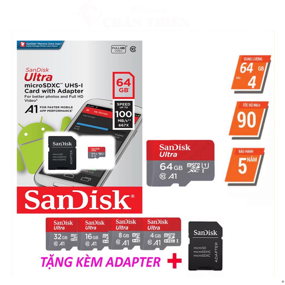 Thẻ nhớ 64GB 32GB 16GB Micro SD SanDisk tốc độ 100 MB/s chuyên dụng cho camera smartphone loa đài BẢO HÀNG 5 NĂM