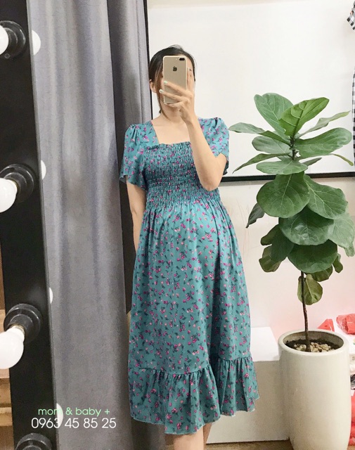 Váy bầu xinh thời trang dự tiệc dạo phố chun ngực hoa nhí