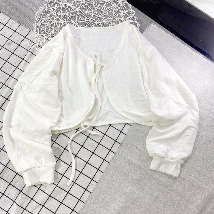 [ Ảnh Thật Cuối ] Áo khoác croptop nữ cardigan trơn tay dài cột dây màu trắng
