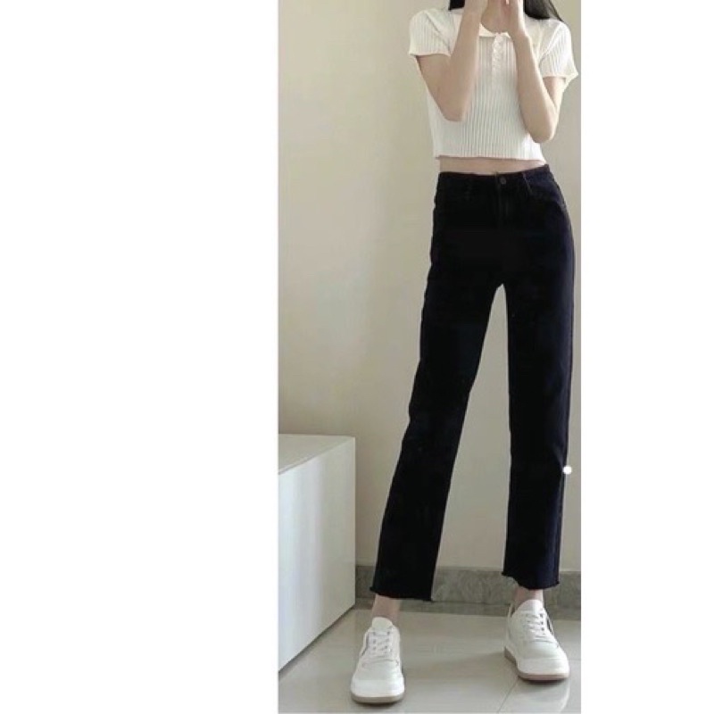 Quần jean ống đứng nữ dáng trơn màu đen,quần bò dáng basic lưng cao tôn dáng