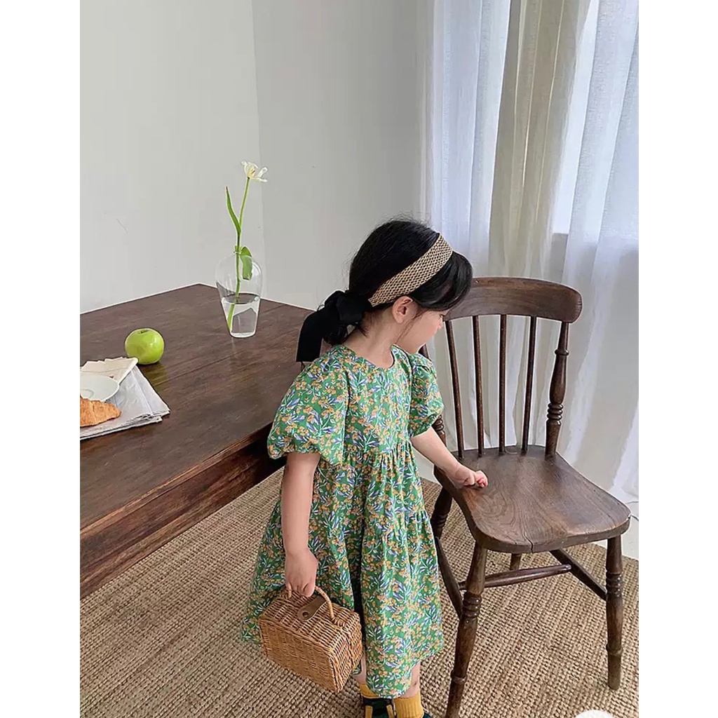 Váy đầm Zara tay bồng babydoll xanh lá cây hoa nhí cho bé gái cho trẻ em từ 18m đến 6 tuổi
