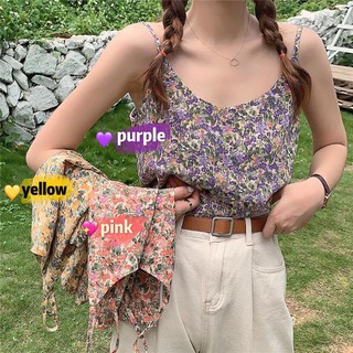 Áo Hai Dây Hoa Nhí Vintage Nữ Cổ V Thô Đũi Hở Vai Ulzzang Mặc Đi Biển