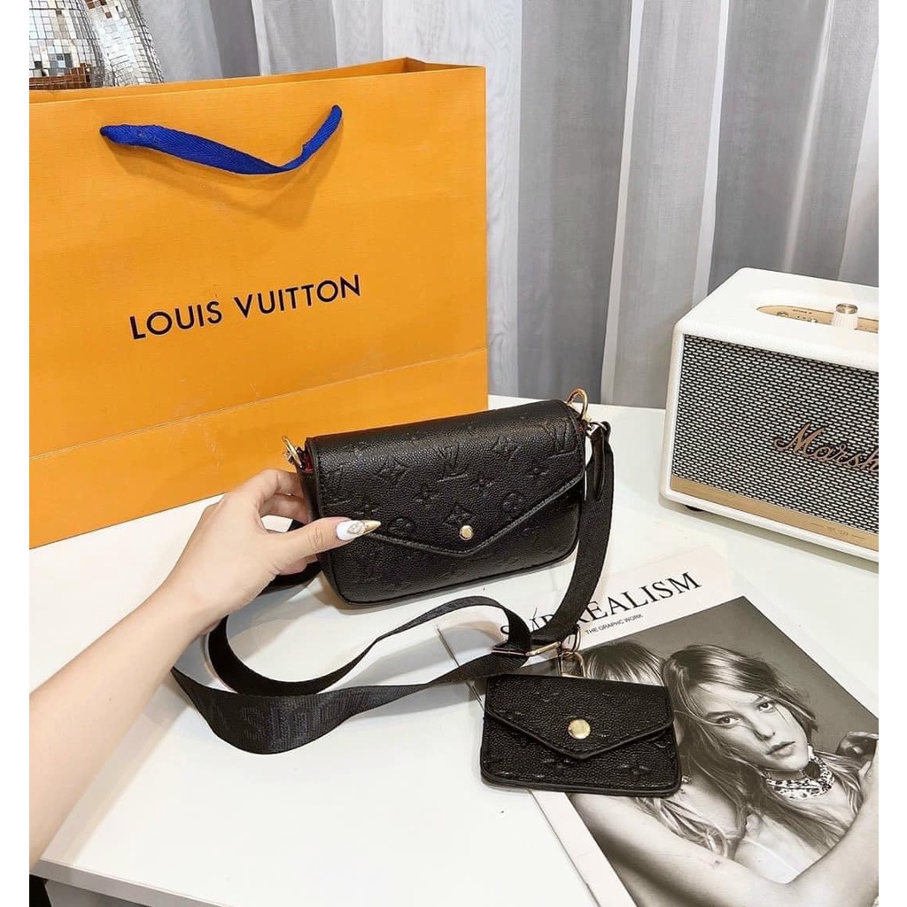 Túi xách nữ Set 2 món Lv đen dập logo 2 in 1 dây dù đeo chéo thời trang